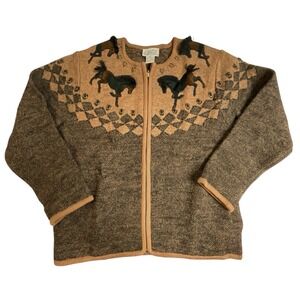 Vintage Boiled Wool Horse Sweater Jacket Womens Size Medium Pockets Equestrian